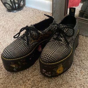 R13 Black & White Houndstooth Platform Oxfords with Floral Painted Soles